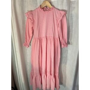 Vintage Y2K Miss Me Pink Prairie Dress Girls 11/12 Cottagecore Eyelet Ruffle EUC